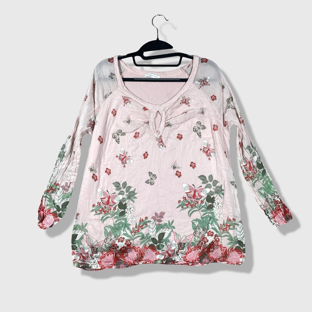 Daisy Tunic Top Womens L Pink Butterfly Floral Silk‎ Blend Boho Made in Italy
